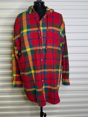 Vintage Woolrich Womens L Ruby Red Plaid Button Up Hoodie Jacket 100% Cotton
